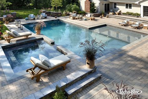 Techo-Bloc Patio, Pool, Stoop & Stair Two Tier Pool Deck, Ideas De Piscina, Pool Cost, Living Pool, Luxurious Pool, Pools Backyard Inground, House Pool, Patio Pool, Gunite Pool