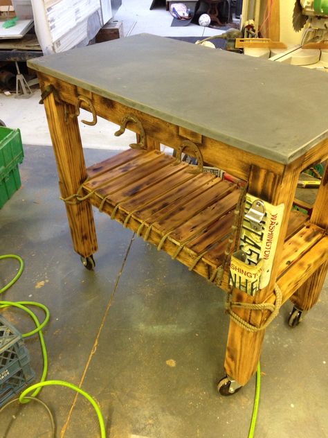 Recycled materials include: pool table slate, old decking material, vintage western items all to make a very cool and lifetime bbq cart. Bbq Cart, Slate Ideas, Western Items, Slate Pool, Pool Table Slate, Pool Table Room, Slate Table, Slate Art, Welding Ideas