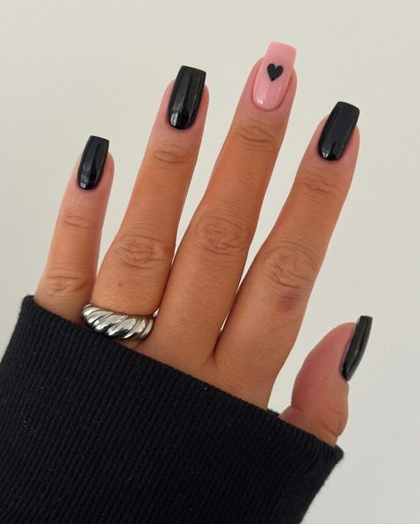 Glossy Black Heart 🖤 @glossifyofficial @nails_luxeofficial @os.ltd @lucypastorellitools_ Inspired by @by_hannahtaylor #blacknails… | Instagram Black And Heart Nails, Black With Hearts Nails, Black Love Heart Nails, Black Nail With Heart, Black Nails Pink Design, Black Nail Designs Heart, Black Heart On Nails, Black Valentines Day Nails Square, Gel X Coffin Nails