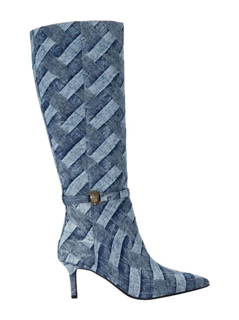 Find KURT GEIGER 65mm Kensington Flexi Boots on Editorialist. blue denim side zip fastening 65mm stiletto heel appliqué logo pointed toe leather sole