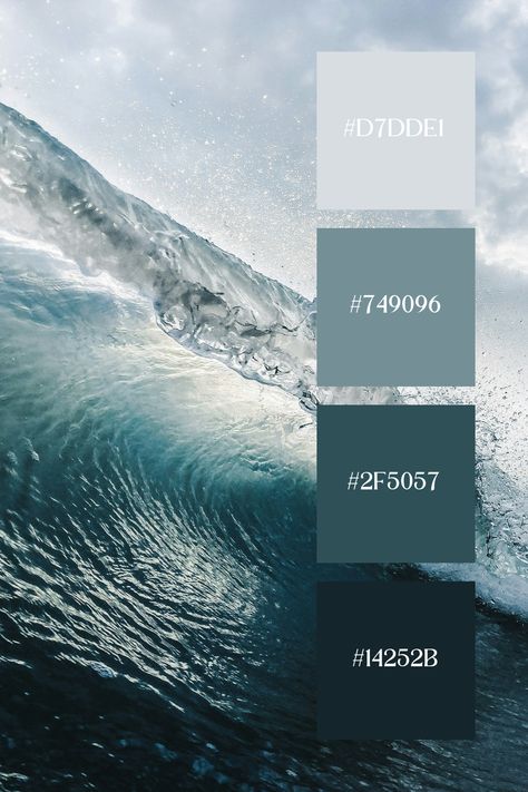 For a blue ocean color palette, envision hues like deep navy blue, serene aquamarine, vibrant azure, tranquil teal, and soft sky blue. These colors evoke the depths and tranquility of the open sea, perfect for creating a calming and expansive atmosphere in designs. Sea Color Palette Ocean, Sea Blue Aesthetic, Sea Color Palette, Paint Color Pallets, Color Scheme Generator, Ocean Color Palette, Silver Color Palette, Color Generator, Color Design Inspiration