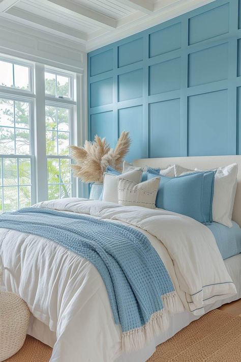 40+ Beautiful Board and Batten Wall Inspirations for a Cozy Home Coastal Bedroom Accent Wall, Fun Headboards, Bedroom Ideas Coastal, Board And Batten Wall Ideas, Batten Wall Ideas, Coastal Bedroom Ideas, Simple Bed Designs, Batten Wall, Beach House Bedroom