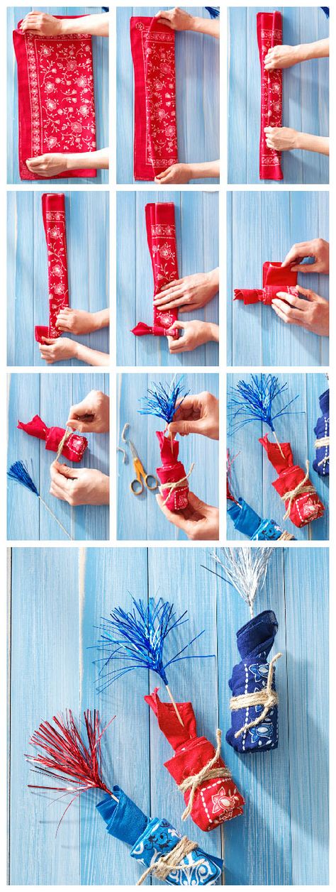 How to Make Firecracker Napkins from Taste of Home 4th Of July Napkin Folding, Fourth Of July Block Party Ideas, Diy Firecracker Decorations, Little Firecracker Baby Shower Ideas, How To Make Firecrackers, Happy Birthday America, Party Rock, Fourth Of July Food, Patriotic Party