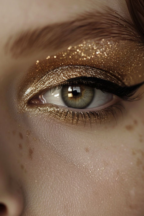 Soft Gold Shimmer: Eyeshadow Ideas For Beginners Football Makeup Ideas Super Bowl, Eyeshadow Ideas For Beginners, Gold Glam Makeup Looks, Simple Gold Eye Makeup, Gold Eye Makeup Looks, Gold Eyeshadow Makeup, Gold Shimmer Eyeshadow, Gold Eyeshadow Tutorial, Gold Makeup Ideas