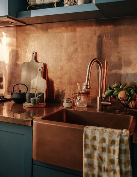 Copper And Green Kitchen, Avion Trailer, Airbnb Cottage, Bungalow Kitchen, Copper Faucet, Copper Backsplash, Teal Kitchen, Master Kitchen, Green Kitchen Cabinets