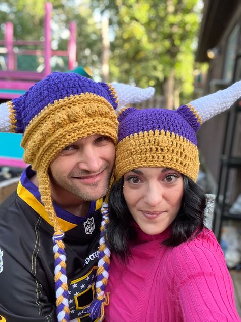 Handmade crocheted family matching hats! Crochet Minnesota Vikings Hat, Nfl Vikings, Viking Hat, Hats Crochet, Matching Hats, Winter Crochet, Vikings Football, Crochet Inspo, Knitting Ideas