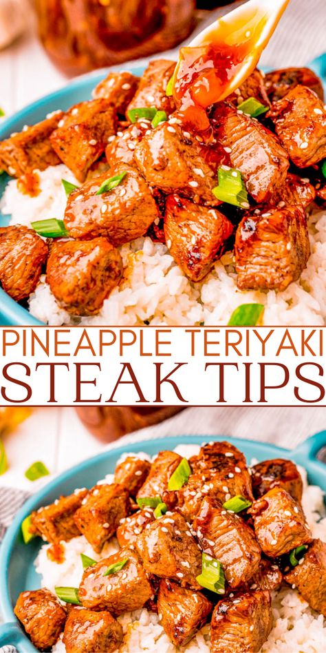 Teriyaki Steak Tips – Tri-tip steak tips are cooked to perfection and then topped with a thick and sticky homemade pineapple teriyaki sauce! A family favorite that everyone will love and is FAST and EASY to make! Teriyaki Tri Tip, Steak Tips And Rice Recipe, Steak And Pineapple Recipes, Tri Tip Meals, Beef Tri Tip Recipes, Teriyaki Steak Tips, Pineapple Teriyaki Sauce, Pineapple Teriyaki, Teriyaki Steak