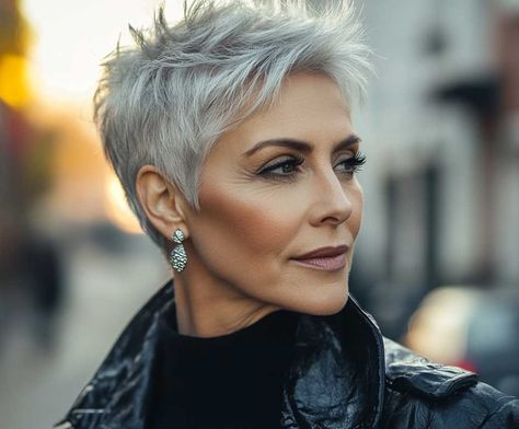 How Pixie Haircuts for Older Women with Silver Accents Define Elegance • 333+ Inspiring Lifestyle Ideas Super Short Edgy Haircuts, Funky Short Grey Hair Pixie Haircuts, Black Short Pixie Hairstyles, Crop Pixie Haircut, Chin Length Silver Hair, Short Hairstyle Women Gray Hair, Salt And Pepper Short Hairstyles, Short Grey Hair Styles For Women, Hats For Short Hair Pixie Cuts