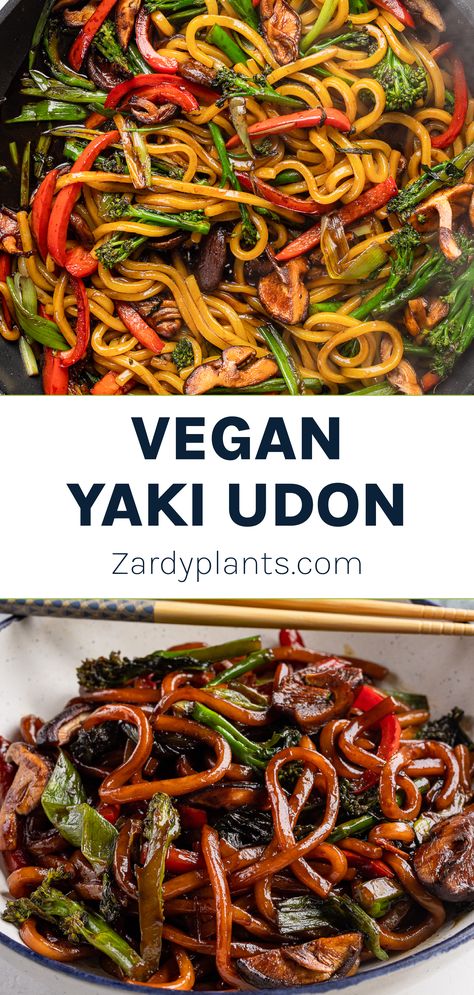 Vegan Yaki Udon is a savory and umami-rich dinner that is super easy to make in 20 minutes or less. This dish is sure to please the whole family, and the thick chewy noodles make this a super satisfying meal. Vegan Yaki Udon, Savory Vegan Dinner, Vegan Udon Noodle Recipe, Vegan Dinner Meals, Vegan Japanese Recipes, Vegan Udon Noodles, Vegan Udon, Chewy Noodles, Japanese Noodle Dish