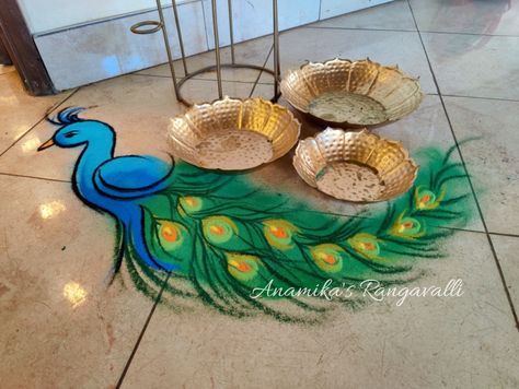 Gauri Ganpati Rangoli Design, Rangoli Peacock Design, Peacock Rangoli Designs Easy, Gauri Rangoli, Rangoli Idea, Unique Rangoli Designs, Peacock Rangoli Designs, Welcome Rangoli, Peacock Rangoli Design