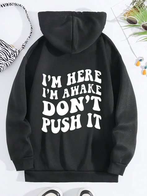 Plus Size Casual Sweatshirt, Women's Plus Slogan Print Long Sleeve Drawstring Hooded Pullover Sweatshirt With Kangaroo Pockets, Casual Tops For Fall & Winter Black Casual  Long Sleeve Knitted Fabric Slogan Pullovers Slight Stretch  Women Plus Clothing, size features are:Bust: ,Length: ,Sleeve Length: Cute Clothes Style, Cute Funny Hoodies, Fall Clothes For School, Cute Sweatshirts Aesthetic, Antisocial Sweatshirt, Cute Hoodies For Teens, Cricut Hoodie Ideas, Christmas List Ideas For Women, Hoodies Shein