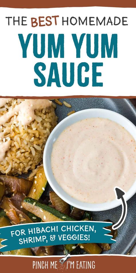 Image of Yum Yum Sauce - text reads The Best Homemade Yum Yum Sauce: For Hibachi chicken, shrimp & veggies! White Sauce Recipe Hibachi, Japanese White Sauce, Homemade Yum Yum Sauce, Shrimp Sauce Recipes, Yum Sauce Recipe, Yum Yum Sauce Recipe, Homemade White Sauce, Hibachi Restaurant, Making White Sauce