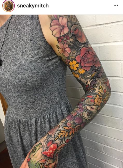 Neotrad Sleeve, Family Sleeve Tattoo, 16 Tattoo, Nature Tattoo Sleeve, Girl Back Tattoos, Girls With Sleeve Tattoos, Theme Tattoo, Floral Tattoo Sleeve, Sleeve Ideas