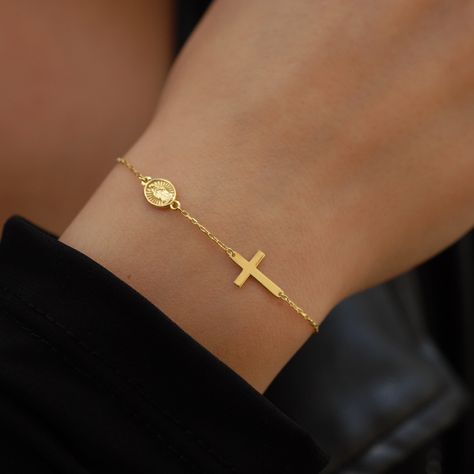 14K Solid Gold Cross Bracelet for Women, Miraculous Medal, Catholic Rosary Bracelets for Women, Religious Bracelet, Graduation Gift - Etsy Elegant Rosary Bracelet With Cross For Gift, Elegant Cross Rosary Bracelet As Gift, Minimalist Gold Rosary Bracelet Gift, Elegant Rosary Bracelet As Gift, Yellow Gold Round Rosary Bracelet Gift, Elegant Round Rosary Bracelet As Gift, Minimalist Rosary Bracelet Gift, Dainty Rose Gold Rosary Bracelet Gift, Spiritual Rose Gold Rosary Bracelet Gift