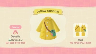 Acnh Raincoat Codes, Animal Crossing Raincoat, Acnh Raincoat Designs, Acnh Raincoat, Animal Crossing Shoes, Animal Crossing Clothes, Kidcore Island, Acnh Kidcore, Cottagecore Animal Crossing