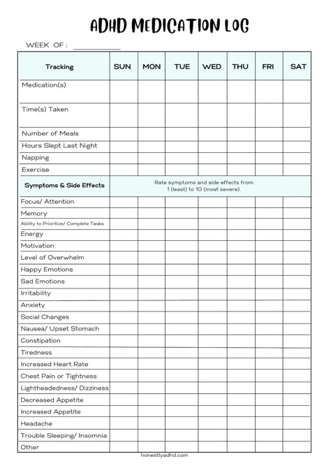 Free ADHD Medication Tracker: Log Symptoms and Meds - Honestly ADHD Symptom Tracker Printable Free, Weekly Medication Log Free Printable, Medication Tracker Printables Free, Health Symptoms Tracker, Workout Tracker Printable Free, Printable Medication Log, Symptoms Tracker, Symptom Tracker Printable, Tracker Printable Free