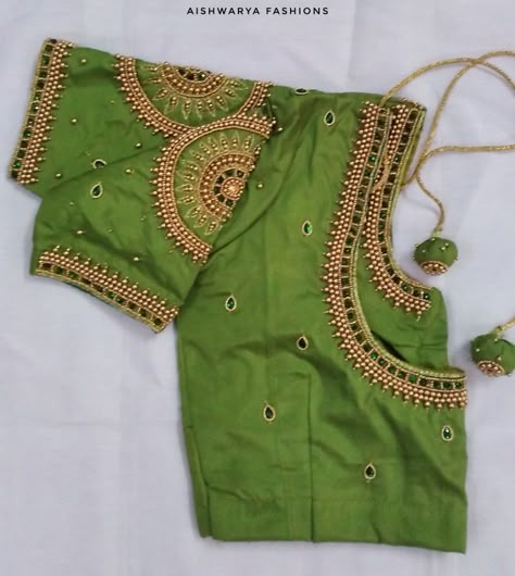 Light Green Aari Work Blouse Design, Lace Blouse Design, Mirror Work Blouse Design, Aari Design, Maggam Work Designs, Best Blouse Designs, Aari Blouse, Kids Blouse Designs, Traditional Blouse Designs