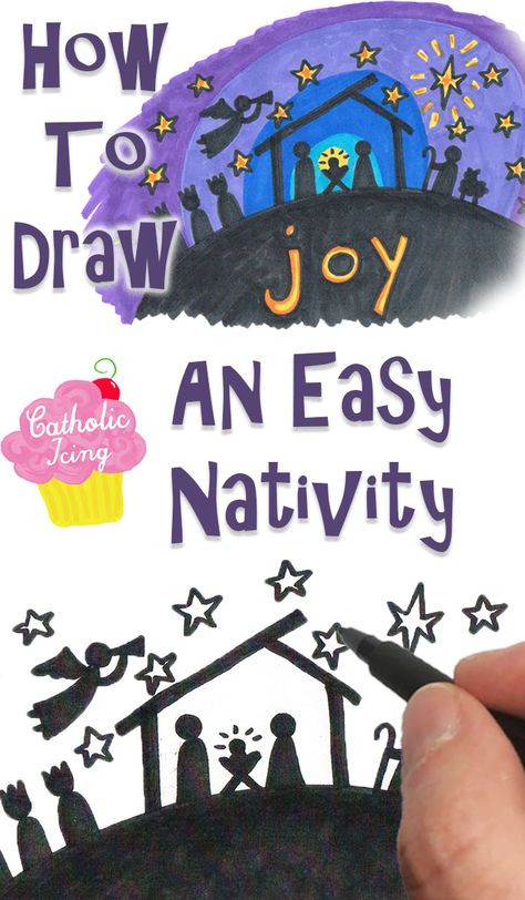 Nativity Canvas Painting For Kids, Nativity Drawing For Kids, Easy Nativity Painting For Kids, Kids Nativity Art, Baby Jesus Art For Kids, Simple Manger Scene Drawing, Nativity Directed Drawing For Kids, Nativity Art Projects For Elementary, How To Draw A Nativity Scene