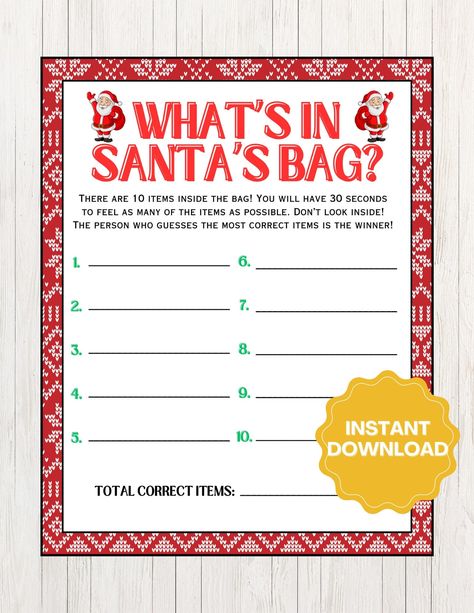 What's In Santa's Bag Printable Christmas Game - Digital Download Host the ultimate Christmas party with this fun game "What's In Santa's Bag". This game is designed to bring joy and fun to your holiday parties! This Santa's Bag game is a much-needed addition to your party or get-together. Instantly download and print the game, allowing you to spend more time enjoying the holidays with your friends and family! There's no need to wait for a product to arrive in the mail; this is an instant, digital download! What's Included Inside: 🎄What's In Santa's Bag Game 🎄Two Sizes! Play your favorite or play both versions! How to Download: To access your digital files from your account: 1) When logged into Etsy, click "Your Account" 2) Click "Purchases" 3) Click "Download Files" - You may need to re Santa Games For Adults, Large Family Christmas Games, Employee Christmas Party Games, Family Christmas Games For Adults, Christmas Party Kids Activities, Pass The Prize Game, Ultimate Christmas Party, Fun Family Christmas Games, Game Challenges