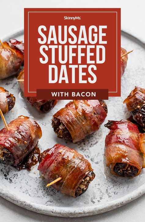 Sausage Stuffed Dates with Bacon Sausage Stuffed Dates, Almond Stuffed Dates, Bacon Wrapped Sausages, Entertaining Appetizers, Wholesome Snacks, Bacon Recipes, Sausage Breakfast, Healthy Appetizers, Easy Weeknight Meals