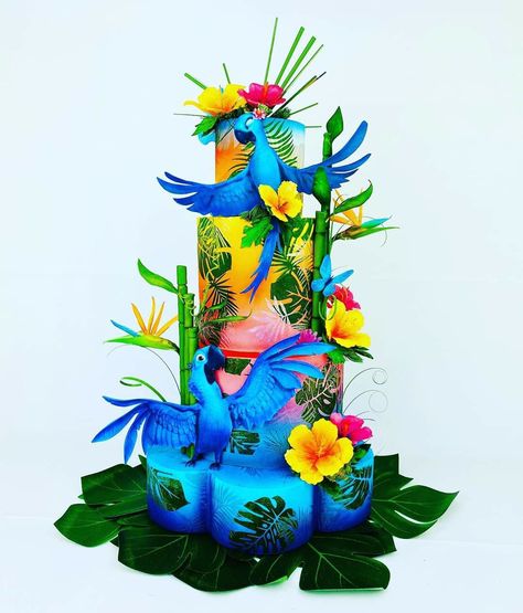 Tropical Jungle Cake, Rio Birthday Cake, Rio Cake, Rio Birthday Parties, Waterfall Cake, Tropical Cakes, Tropical Birthday Cake, Rio Party, Carnival Cupcakes