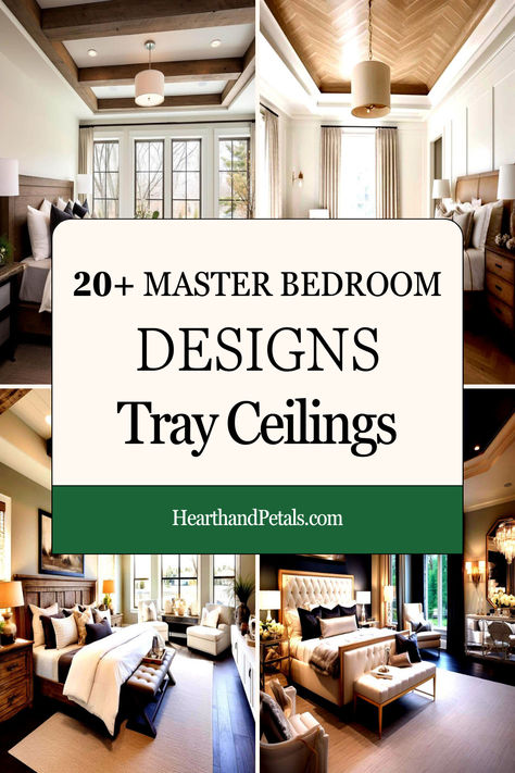 Various master bedroom designs with sophisticated tray ceilings, combining natural light and plush furnishings for a luxurious feel. Tray Ceiling Design Bedroom, Inset Ceiling Ideas Bedroom, Accent Ceiling Nursery, Faux Beams In Tray Ceiling, Stepped Ceiling Design, Reverse Tray Ceiling, Master Bed Tray Ceiling, Try Ceiling Ideas, Interesting Bedroom Ceilings