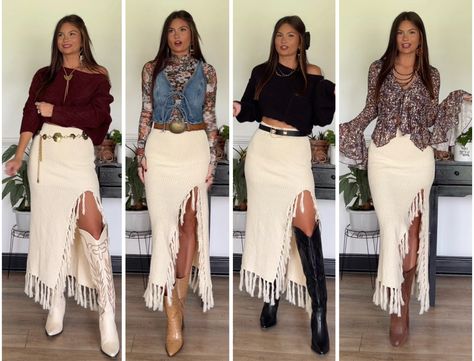 Shop Sweater Fringe Midi Skirt and other curated products on LTK, the easiest way to shop everything from your favorite creators. Western Skirt Outfits, Mid Skirt Outfits, Fringe Skirt Outfit, Fringe Midi Skirt, Sweater Skirt Outfit, Western Sweaters, Outfit Western, Western Skirts, Country Aesthetic