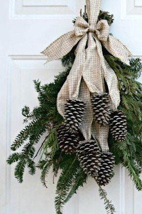 Real Pine Wreaths, Pine Cone Door Hanger, Pine Cone Swag Diy, Diy Pine Wreath Christmas, Pine Wreaths For Christmas Easy Diy, Diy Pine Branch Decor, Pinecone Swag Diy, Pine Cone Swag, Swag Decorating Ideas