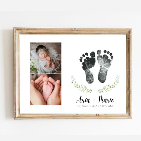 Baby Birth Details Frame, Birth Details Frame, Newborn Painting, Newborn Footprint Art, Baby Footprint Kit, Newborn Footprints, Baby Name Reveal, Name Reveal, Café Design