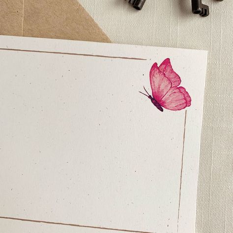 Pink Butterfly Personalized Notecard. Girls Eco Friendly Stationery. Set of 10. Cute Card Decorations, Painting On Envelopes, Thank You Cards For Teachers, Butterfly Border Design, Note Card Ideas, Printing On Envelopes, Painted Envelopes, Watercolor Stationary, Paper Cat