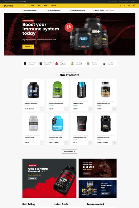 The "Supplero Supplement Store WooCommerce Theme" is a specialized and comprehensive solution tailored to the needs of supplement stores. With its dedicated features and sleek design, this theme provides a powerful platform for showcasing and selling health and fitness products. Supplements Website Design, Gym Banner, Gym Supplements, Supplement Store, Ecommerce Website Template, Nutrition Supplements, Dashboard Ui, Fitness Products, Sports Supplements