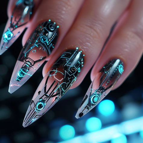 High Tech Futuristic Nail Art, led, circuit, blue, black Cyberpunk Aesthetic Nails, Dystopian Nails, Sci Fi Nail Art, Circuit Board Nails, Circuit Nails, Cyberpunk Nail Art, Cyberpunk Nails Design, Tron Nails, Sci Fi Nails