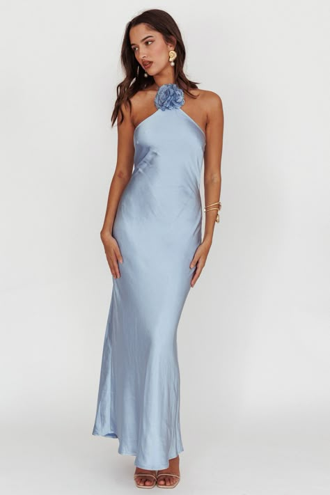 Shop the High Roller Flower Decoration Halter Dress Blue | Selfie Leslie Elegant Long Blue Dress, Jenny Yoo Blue Bridesmaid Dresses, Icy Blue Bridesmaids Dresses, Satin Blue Bridesmaid Dresses, Dusty Blue Formal Dress, Blue Dresses Formal, Blue Floral Bridesmaid Dresses, Blue Long Dresses, Cerulean Blue Dress