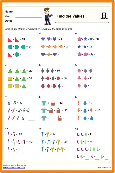 Discover this fantastic worksheet that challenges students with puzzle-style algebra problems. Engage their critical thinking skills as they find the missing values within various shapes. Boost their problem-solving abilities while making learning enjoyable! Solve For X Math, Solving Equations Worksheet, Solving Equations Activities, Carroll Diagram, Year 6 Maths Worksheets, Balanced Math, Year 6 Maths, Algebra Equations Worksheets, Solving Linear Equations Worksheet