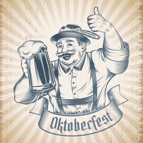 Oktoberfest Beer Holiday Man by AlexMazan Man holding beer glass with lager on Oktoberfest. Traditional German Bavarian clothes, hat, pants, straps. The thumbs-up gesture.