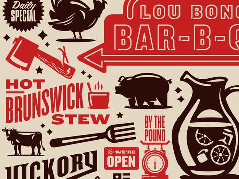 Bonos bbq barbq illustration packaging kendrickkidd shepherd Bbq Brands, Bbq Menu, Panic! At The Disco, Badge Design, Creative Words, Design Reference, Design Inspo, Logo Branding, Icon Design