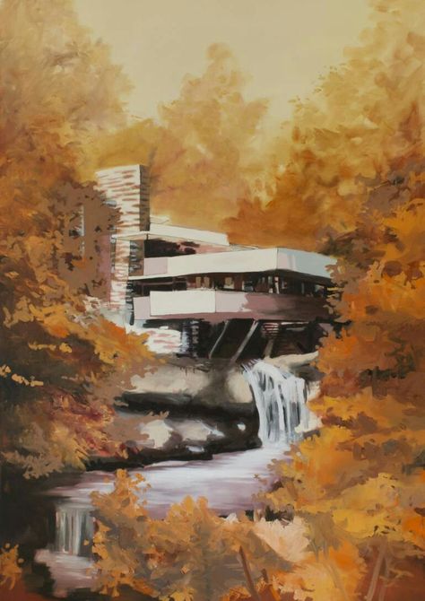 Falling Water House, Simple Oil Painting, Oil Painting Pictures, Architecture Drawing Plan, Falling Water, Digital Art Drawing, Interior Architecture Drawing, Water House, Watercolor Architecture