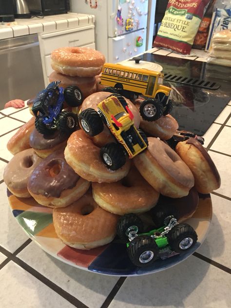 Monster Truck Donut Cake, Monster Truck Breakfast, Monster Truck Donut Party, Monster Truck Birthday Party Ideas, Truck Birthday Party Ideas, Monster Truck Birthday Cake, Donut Birthday Cake, Monster Truck Birthday Party, Monster Jam Birthday