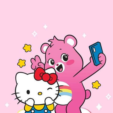 Cartoon Besties Aesthetic, Hello Kitty X Care Bears, Carebear Widgets, Hello Kitty Care Bear, Two Besties Aesthetic, Sanrio Crossover, Cartoon Duos, Cute Care Bears, Hello Sanrio