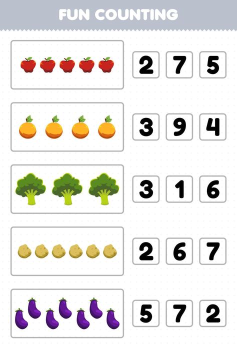 Education game for children fun counting and choosing the correct number of cartoon fruit and vegetable apple orange broccoli potato eggplant printable worksheet Orange Broccoli, Me Preschool Theme, Broccoli Potato, Addition Activities, Counting For Kids, Learning Binder, Cartoon Fruit, Fruits For Kids, Game For Children