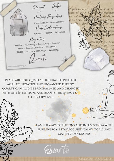 A collage of a quartz crystal, a note, and two drawings on a white background Crystal Scrapbook, Starter Crystals, Crystals For Beginners, About Crystals, Ideas Halloween, Book Of Shadows, Scrapbook Ideas, Healing Properties, Beginners Guide