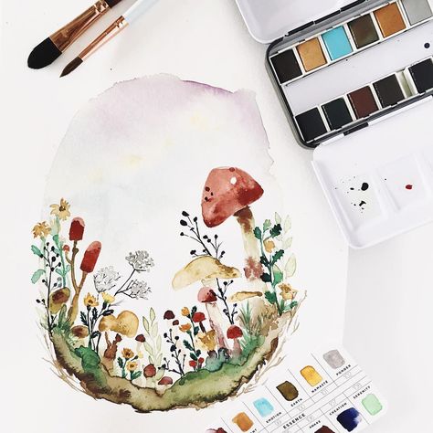 AstroBarn Design, The Studio on Instagram: “Watercolor C5. When I received the Essence palette by @prima_watercolor it shouted “mushrooms!” 🍄😂🤷🏼‍♀️ Loving the rich, cozy colors in…” Watercolor Mushroom Tutorial, Mushroom Watercolor Paintings, Watercolor Mushroom Painting, Essence Palette, Cottagecore Watercolor, Mushroom Watercolor, Watercolor Mushroom, Prima Watercolor, Cozy Colors