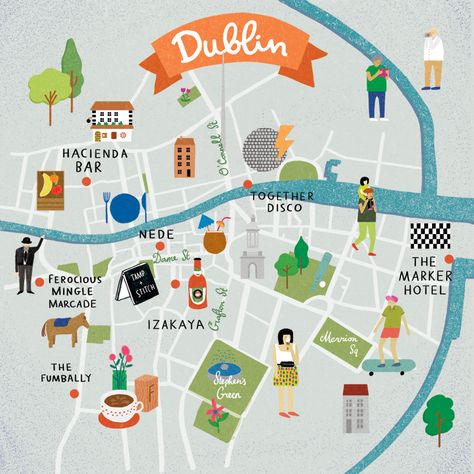 Illustrated map of Dublin, Ireland, travel art Europe Simple Map Design, Dublin Illustration, Ireland Illustration, City Drawings, Graphic Map, Dublin Map, Aer Lingus, Illustrated Maps, Dublin Ireland Travel