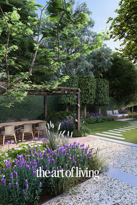 moderne tuin, eethoek, houten eettafel, eetstoelen, tuin gezellig maken, border tuin, tuin grassen, bomen, bloemen Garden Layout, Art Of Living, House Inspiration, Cottage Core, Green Thumb, Floral Flowers, Garden Design, Dream House, New Homes