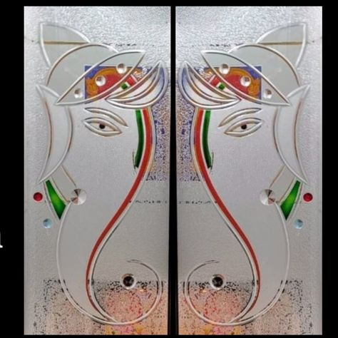 Ganesh Glass Design, Mandir Glass Door Design, Mandir Door, Ganesh Design, Ganesh Pooja, Pooja Door Design, Etching Designs, Window Glass Design, Glass Etching Designs