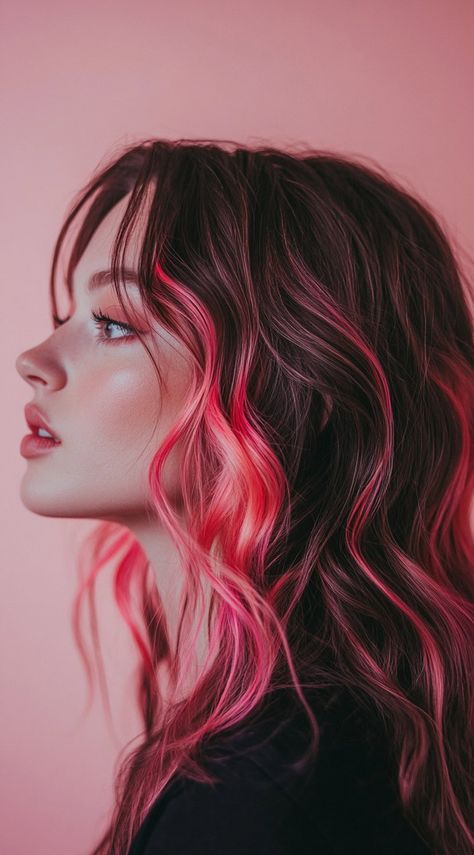 21 Pretty Pink Highlights in Brown Hair: Fun and Flirty Hairstyle Ideas Pink Steak In Hair, Pink Highlights In Copper Hair, Two Toned Pink Hair, Highlights To Brown Hair, Two Tone Pink Hair, Pink Highlights In Brown Hair, Highlights In Brown Hair, Rich Chocolate Brown Hair, Pink Hair Streaks