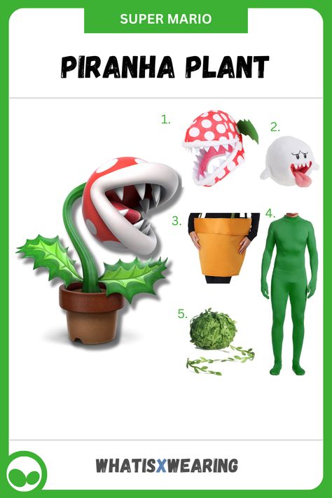 Dress like the Piranha Plant enemy from Super Mario Bros. with this funny and easy costume idea from whatisxwearing.com Mario Plant Costume, Piranha Plant Costume, Mario Costume Diy, Mario Plant, Plant Costume, Super Mario Costumes, Mario Costume, Piranha Plant, Plant Diy