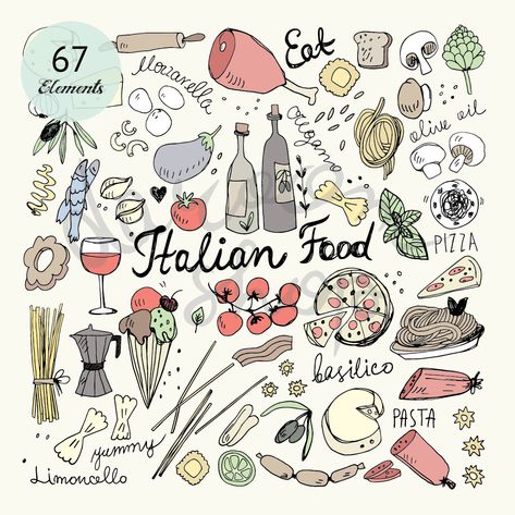 Italian Clip Art, Italian Food Drawing, Italian Doodles, Food Doodles Hand Drawn, Italy Doodles, Italian Clipart, Italian Food Illustration, Italy Journal, Doodles Food