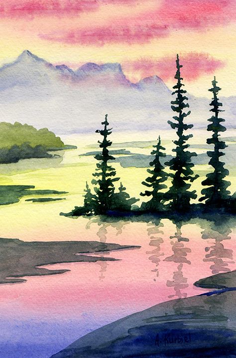 Easy Landscape Paintings, Watercolor Art Landscape, Canvas For Beginners, Canvas Painting Ideas, Watercolor Paintings For Beginners, Diy Watercolor Painting, Watercolour Inspiration, Watercolor Paintings Easy, Watercolor Painting Techniques