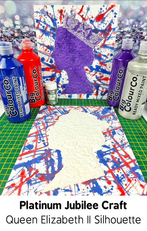 Queen Elizabeth Silhouette Art Project | Platinum Jubilee Craft Queen Elizabeth Kids, Jubilee Art, King Craft, Royal Craft, Mixed Media Art Projects, Eyfs Activities, Platinum Jubilee, Purple Paint, King Art